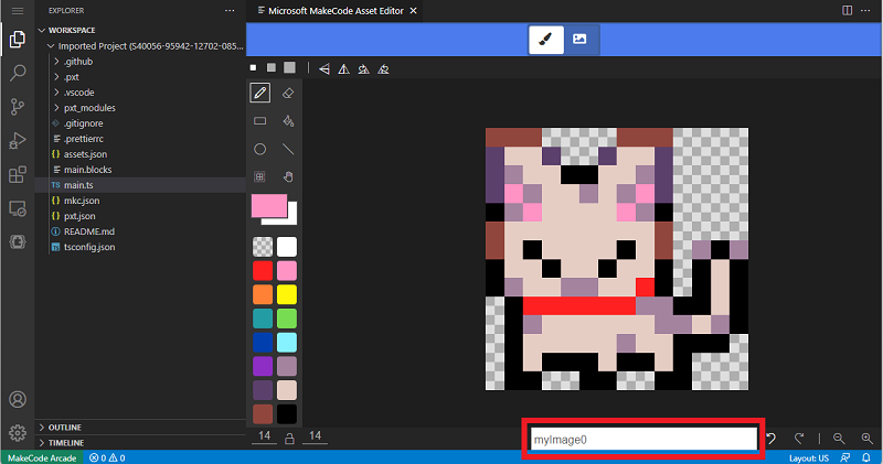 Screenshot of VS Code with the asset editor open to a cat sprite and a red box around the asset name.
