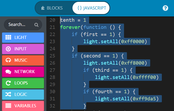 JavaScript code selected for copying