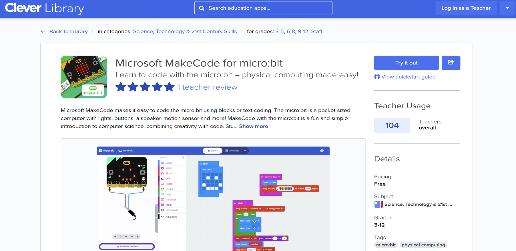 Microsoft MakeCode for micro:bit in the Clever Library