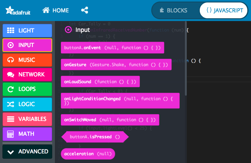Toolbox drawer with JavaScript code instead of blocks