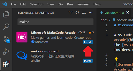 Screenshot of the VS code extensions search and selection for Microsoft MakeCode Arcade with install button