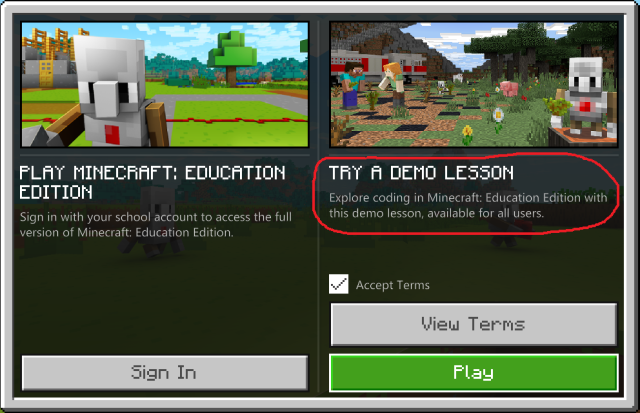 Minecraft HOC demo lesson option
