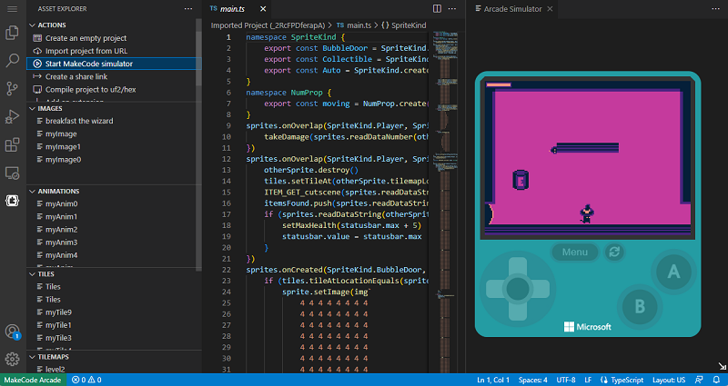 Screenshot of VS Code with the MakeCode simulator open and the "Start MakeCode simulator" command highlighted
