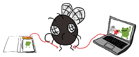 A bug holding a broken cable between a computer and the board