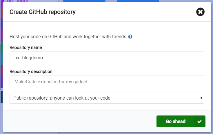 A dialog to configure a GitHub repository