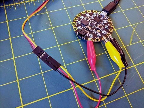 Servo motor cables attached to Circuit Playground Express
