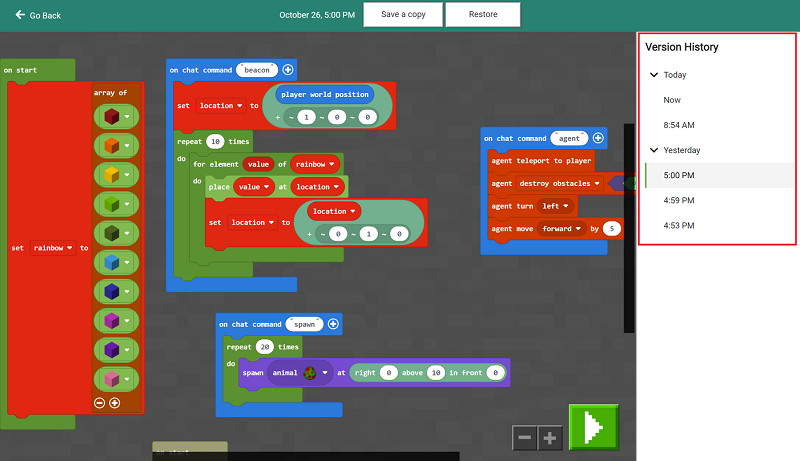 Version History list and code display