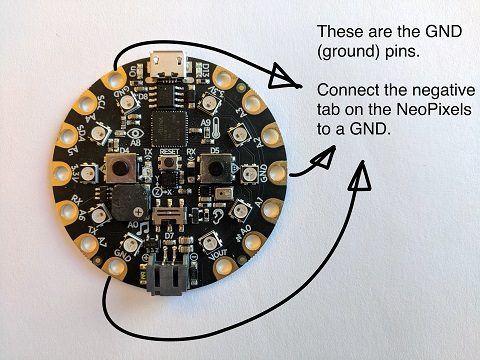 Ground (GND) connectors on the Circuit Playground Express connect to the Negative (-) pins