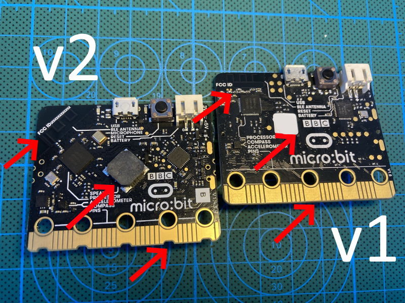 micro:bit v1 and micro:bit v2 back side by side