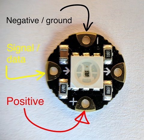 Positive, Negative and the Signal/Data connectors on the Flora NeoPixel