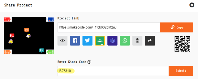 Share project dialog with kiosk code