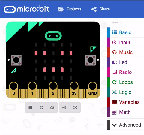 The micro:bit simulator simulating some code