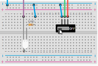 A simulated breadboard with a switch that controls an LED