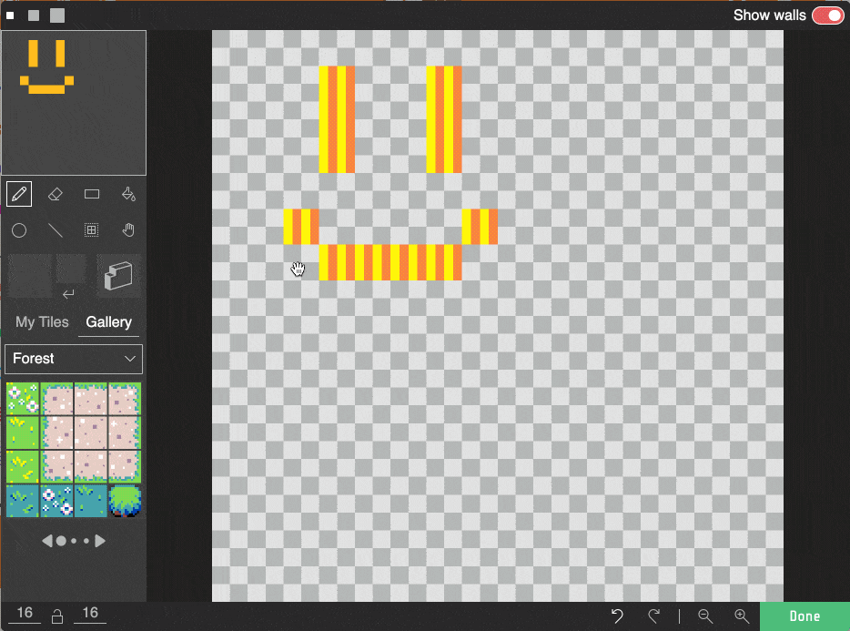 Example of drawing walls in the tilemap editor